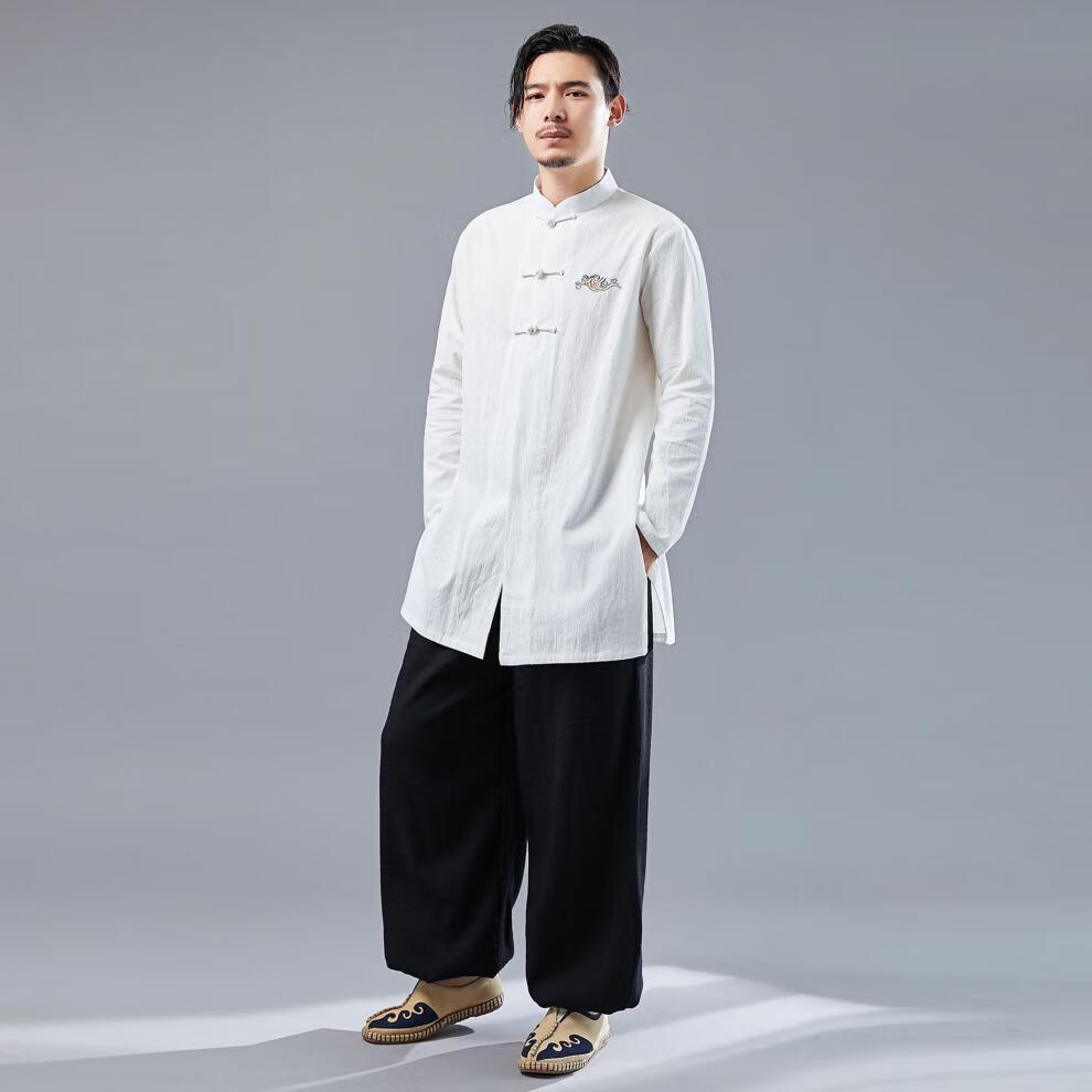 新中式服装男装秋季复古中国风男式盘扣立领衬衫刺绣中长款白色m