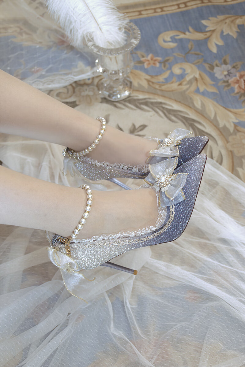 花嫁洛丽塔鞋lolita高跟鞋子一夜物语洛丽塔鞋闪亮尖头高跟鞋花嫁蓝色