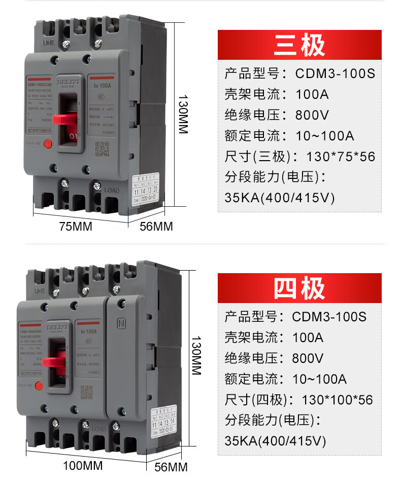 适用德力西塑壳断路器cdm3三相四线10-630a塑壳式开关大功率空气开关