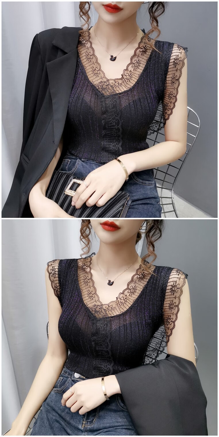 针织吊带背心女外穿美背性感蕾丝边打底衫内搭大码无袖冰丝上衣夏