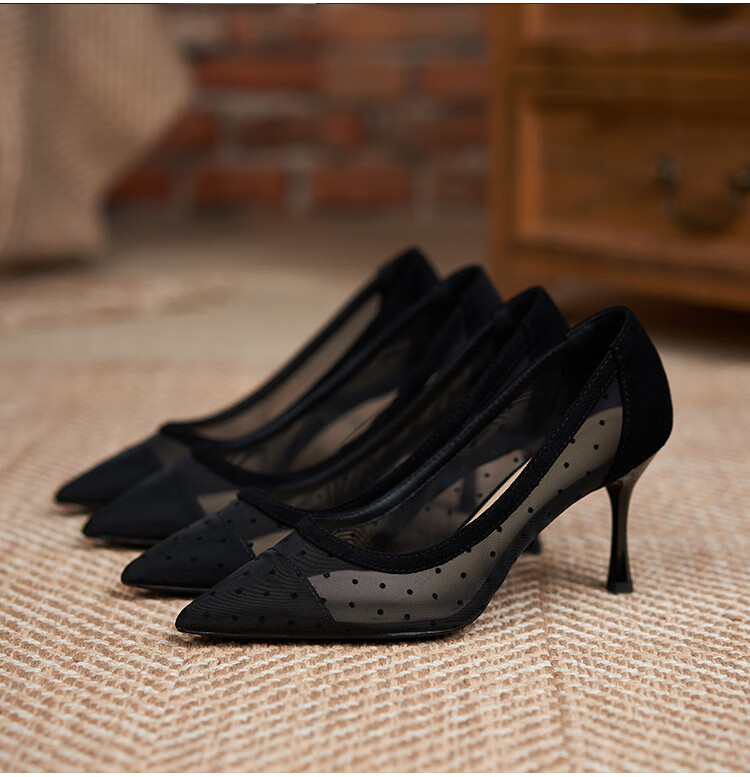 【特价捡漏】网纱高跟鞋小码女鞋一工作镂空网面单鞋女 黑色(纯色)7cm