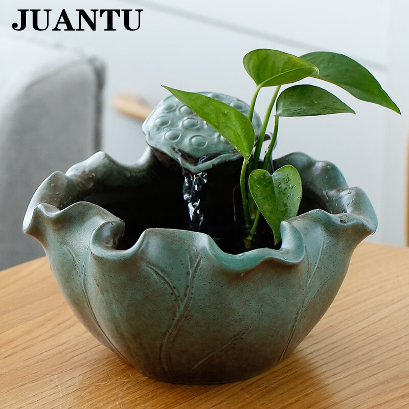 juantu陶瓷家居茶桌荷花流水擺件接待室茶臺裝飾禮品桌面加溼器景觀