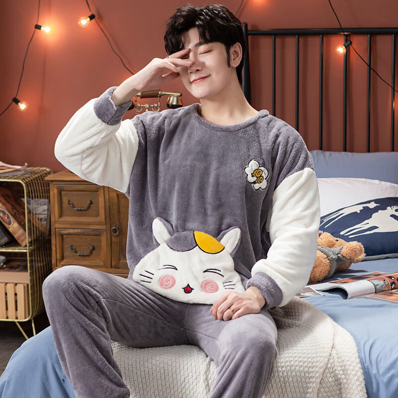 琶誉瑜男生睡衣冬季男士加绒加厚睡裤青少年学生长袖长裤子两件套装