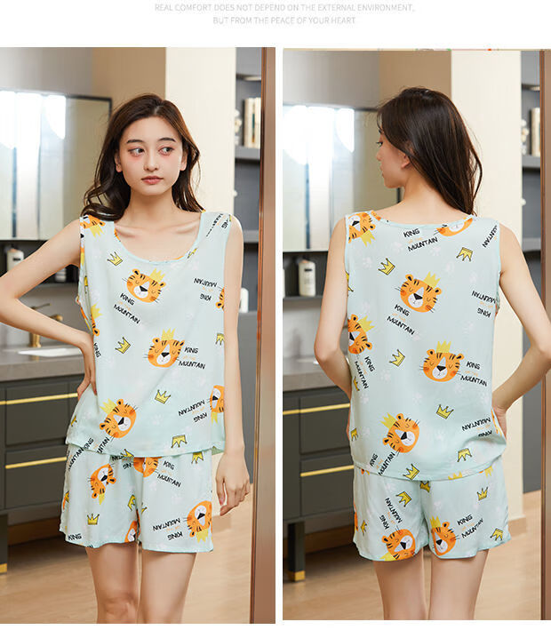 人造棉套装年轻人可外穿棉绸睡衣女夏天套装人造棉家居服薄款无袖短裤