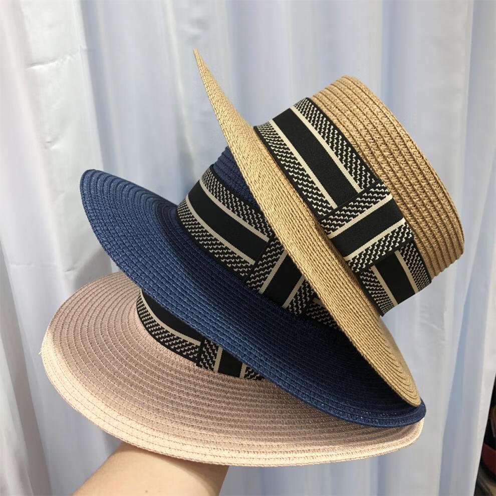 江逸 家夏季时尚轻奢女草帽织带字母刺绣沙滩女太阳帽度假女草帽潮