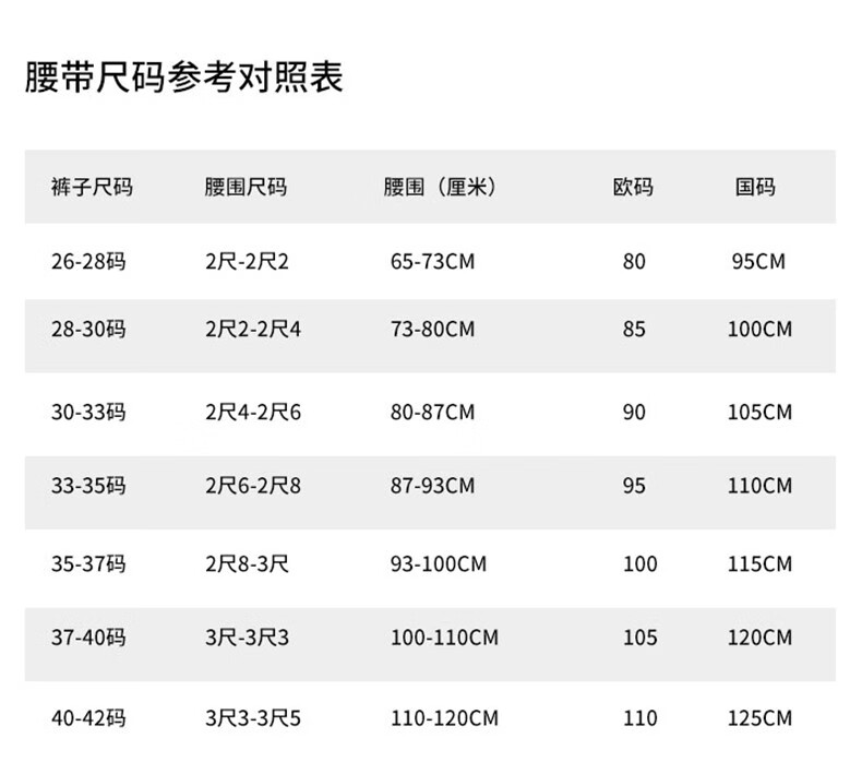 男士皮带长度对照表图片