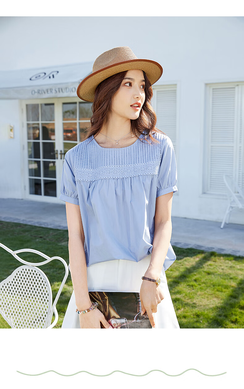 纯棉花边褶皱短袖t恤女2022夏装新款娃娃衫减龄甜美上衣03733浅蓝色m