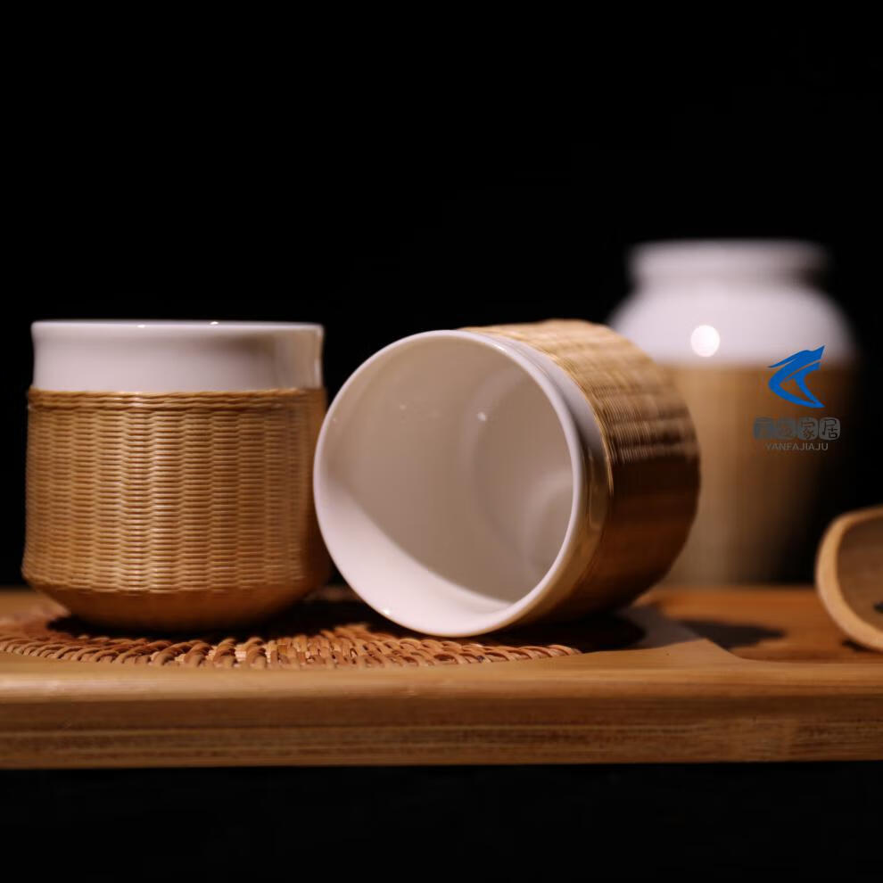 竹丝茶杯竹丝扣瓷主人杯个人杯瓷胎竹丝编竹节杯茶杯老外礼物竹编茶具