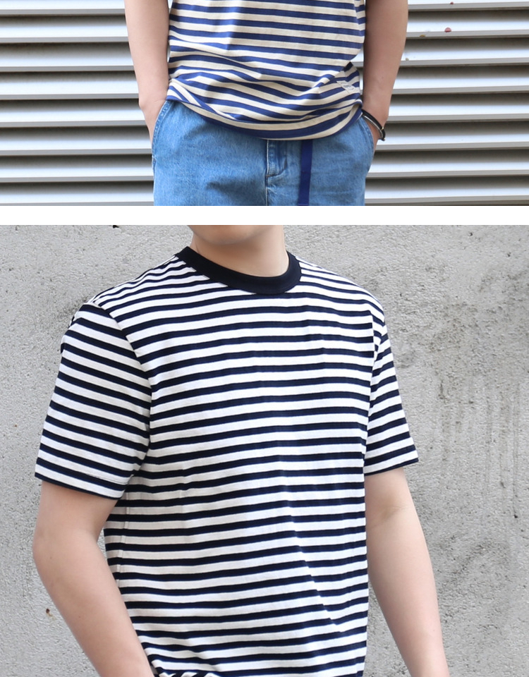 海军重磅t恤男夏体恤t美式复古纯棉宽松黑蓝白条纹短袖半袖海军t恤 深