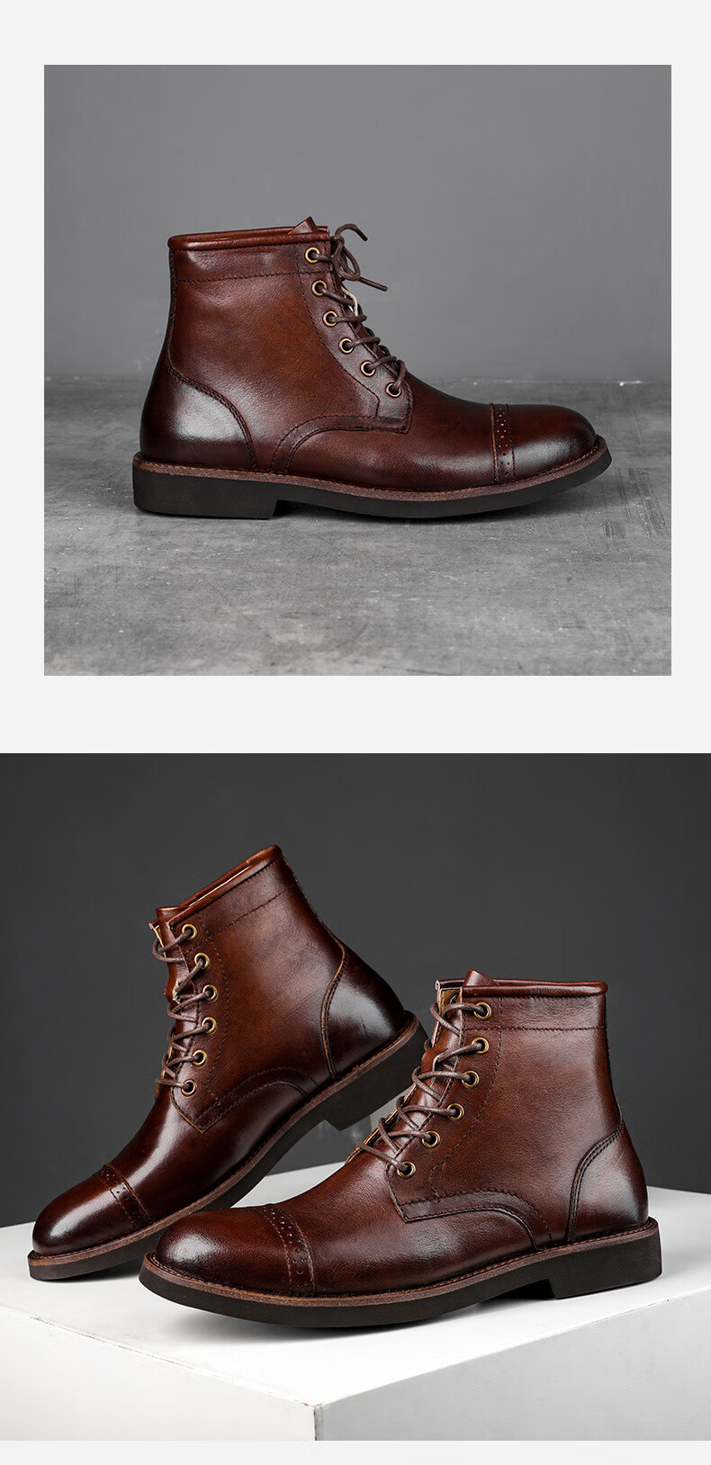 男士马丁靴英伦高帮鞋复古皮靴手工擦色工装靴头层牛皮机车靴黄棕44