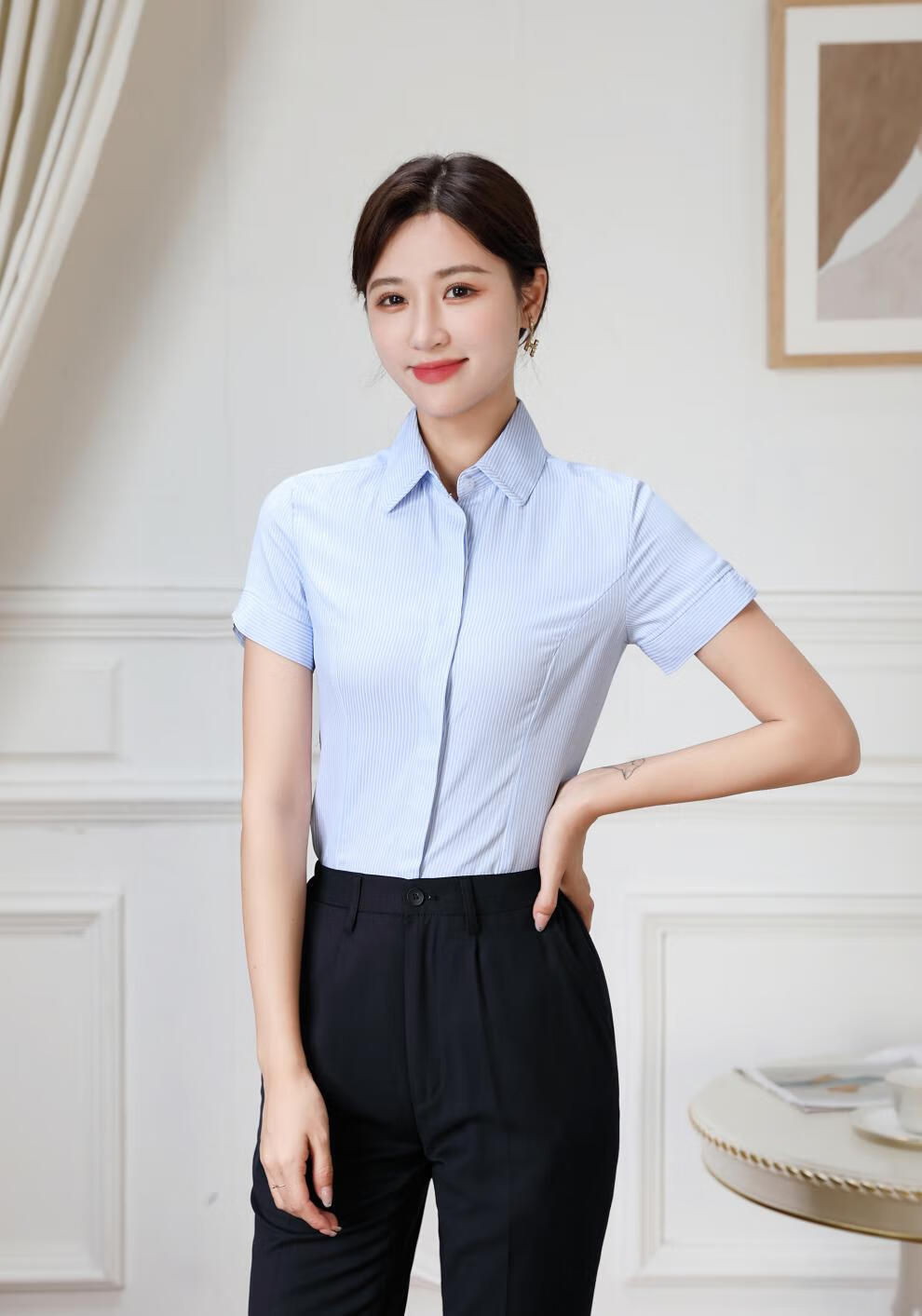 浦发银行行服职业装衬衫女工装西裤衬衣制服工作服 藏青色西.