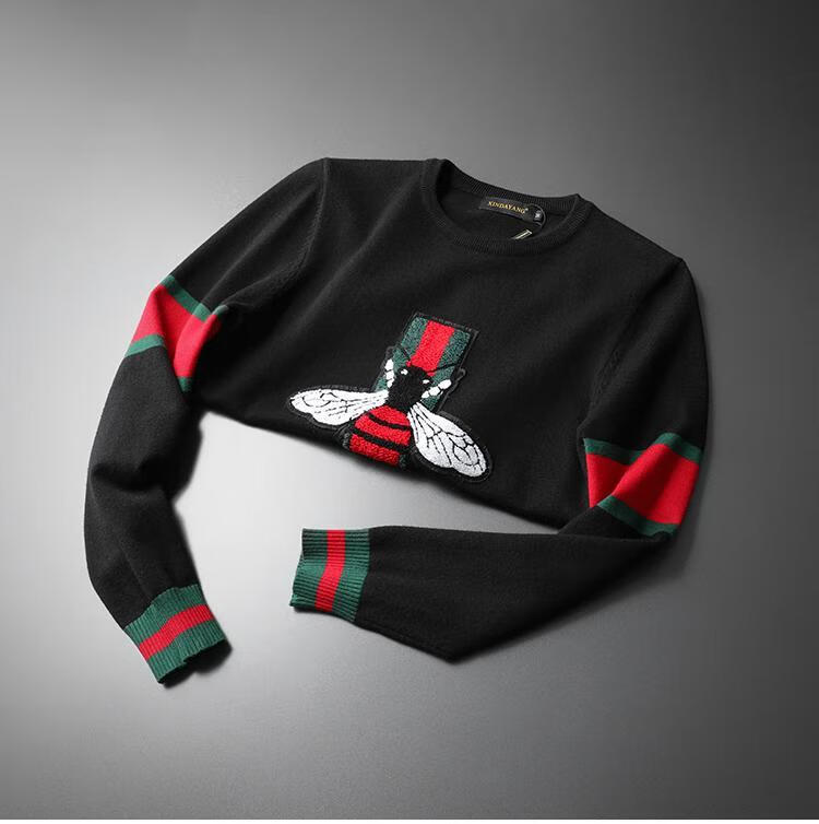 dyj albert香港潮牌 男装秋冬新款男士小蜜蜂提花撞色圆领长袖毛衣男