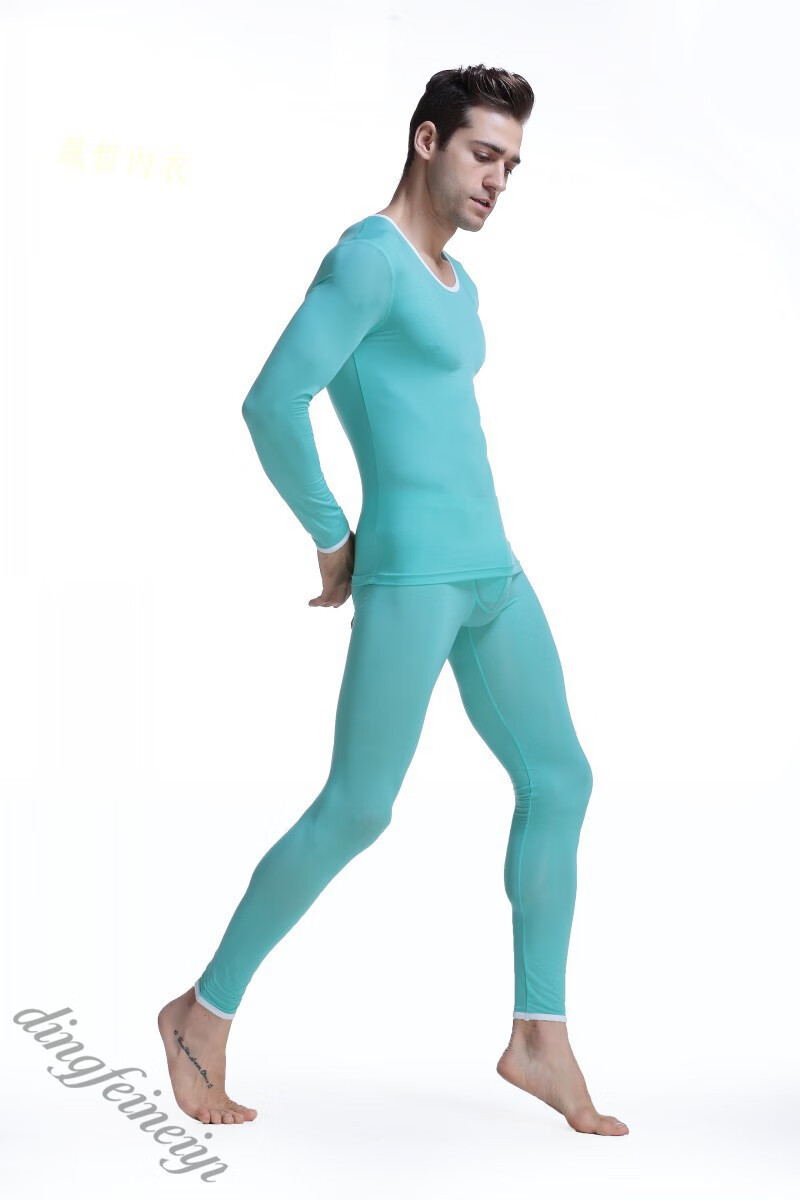 男士高弹力紧身秋衣秋裤套装薄款保暖内衣丝滑冰丝打底衫裤 浅蓝色 m