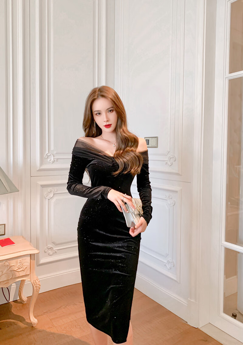 lnsn 轻奢品牌一字肩抹胸丝绒晚礼服裙女性感露臀名媛年会高贵网纱