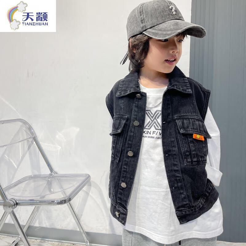 天颛品牌儿童马甲秋季新款男童牛仔马甲无袖外穿印花儿童休闲外套宝宝
