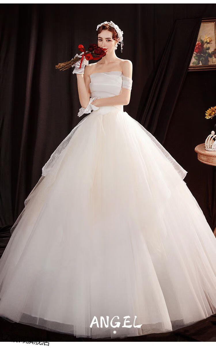 流芷【拍婚纱照】缎面婚纱齐地优雅性感时髦式香槟色抹胸单肩公主新娘