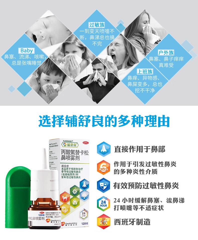 辅舒良 丙酸氟替卡松鼻喷雾剂 50μg*120喷 一盒
