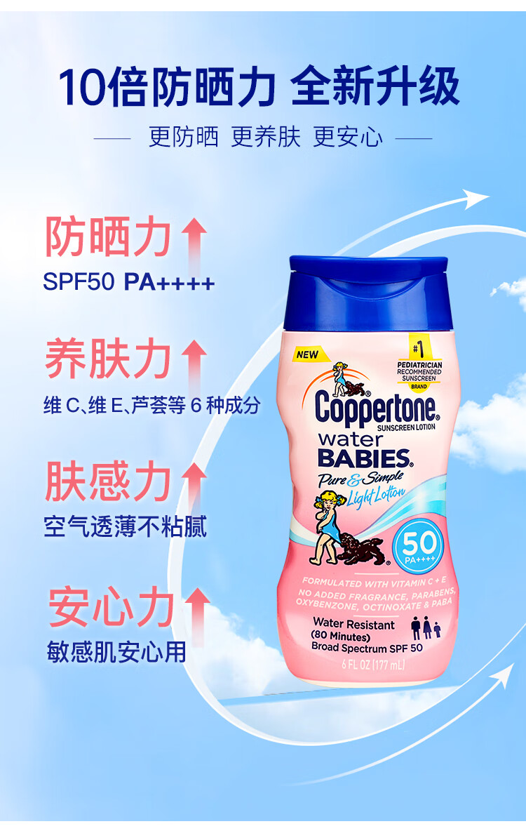 coppertone 水宝宝 防晒霜177ml 确美同 防晒乳隔离女男士脸部 敏感肌