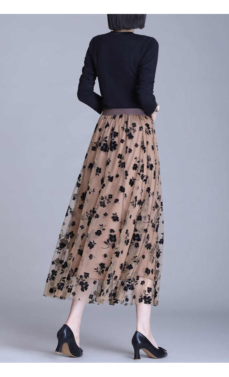 皮尔卡丹品牌高档女装半身裙女春秋2022年新款春季女装中长款洋气网纱