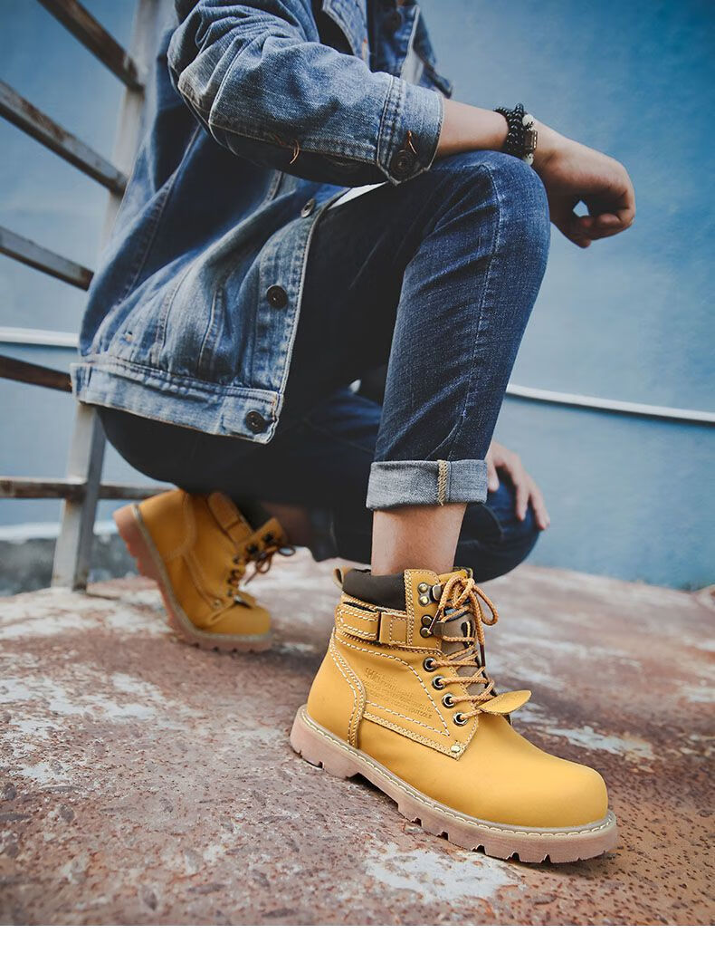 簘蕥大黄靴马靴男冬季马丁靴男韩版加绒高帮棉鞋英伦风中帮靴子男工装
