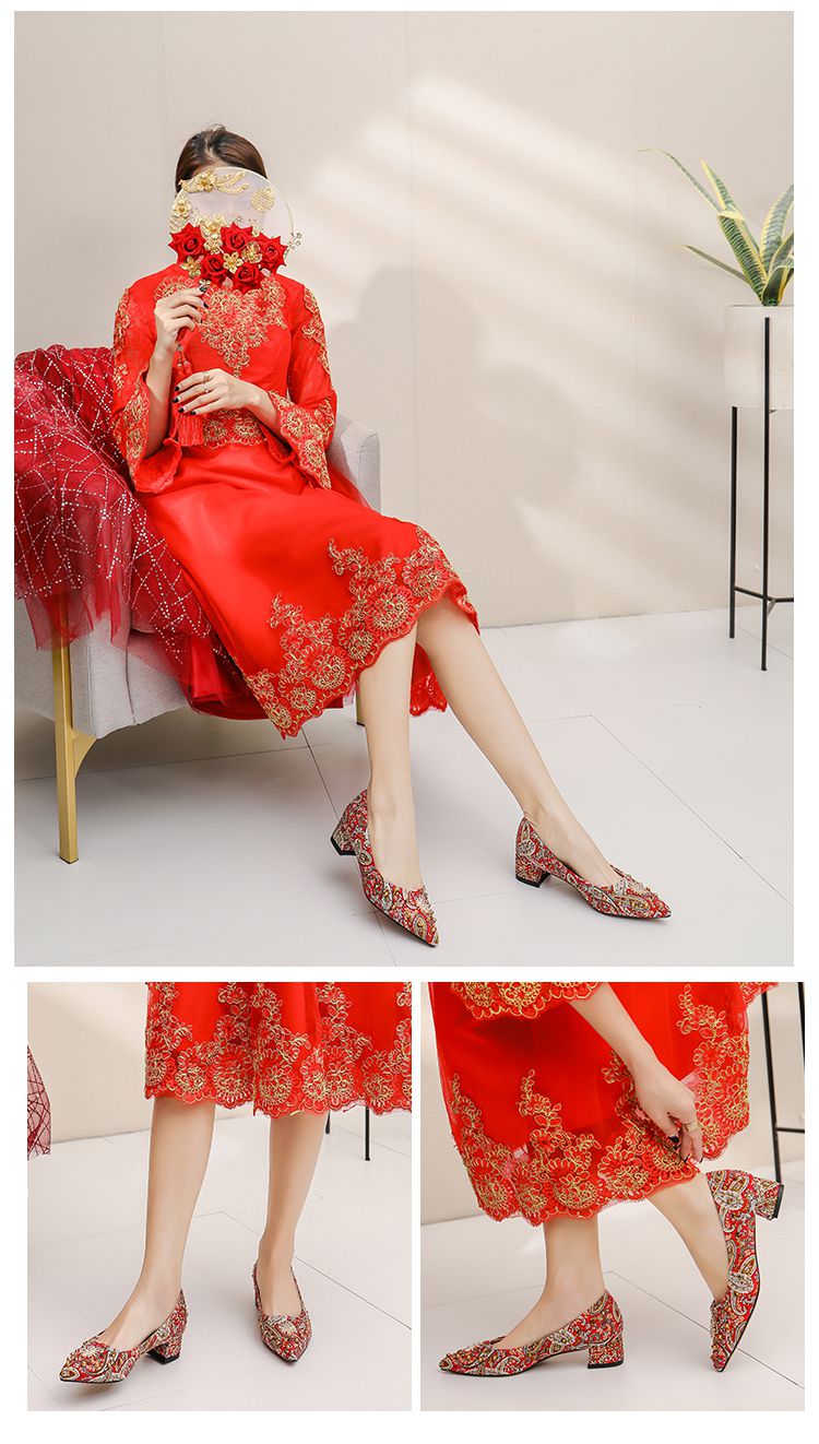 配秀禾服鞋子敬酒服鞋子秀禾鞋法式婚鞋冬季女红色平的底新娘鞋孕妇粗