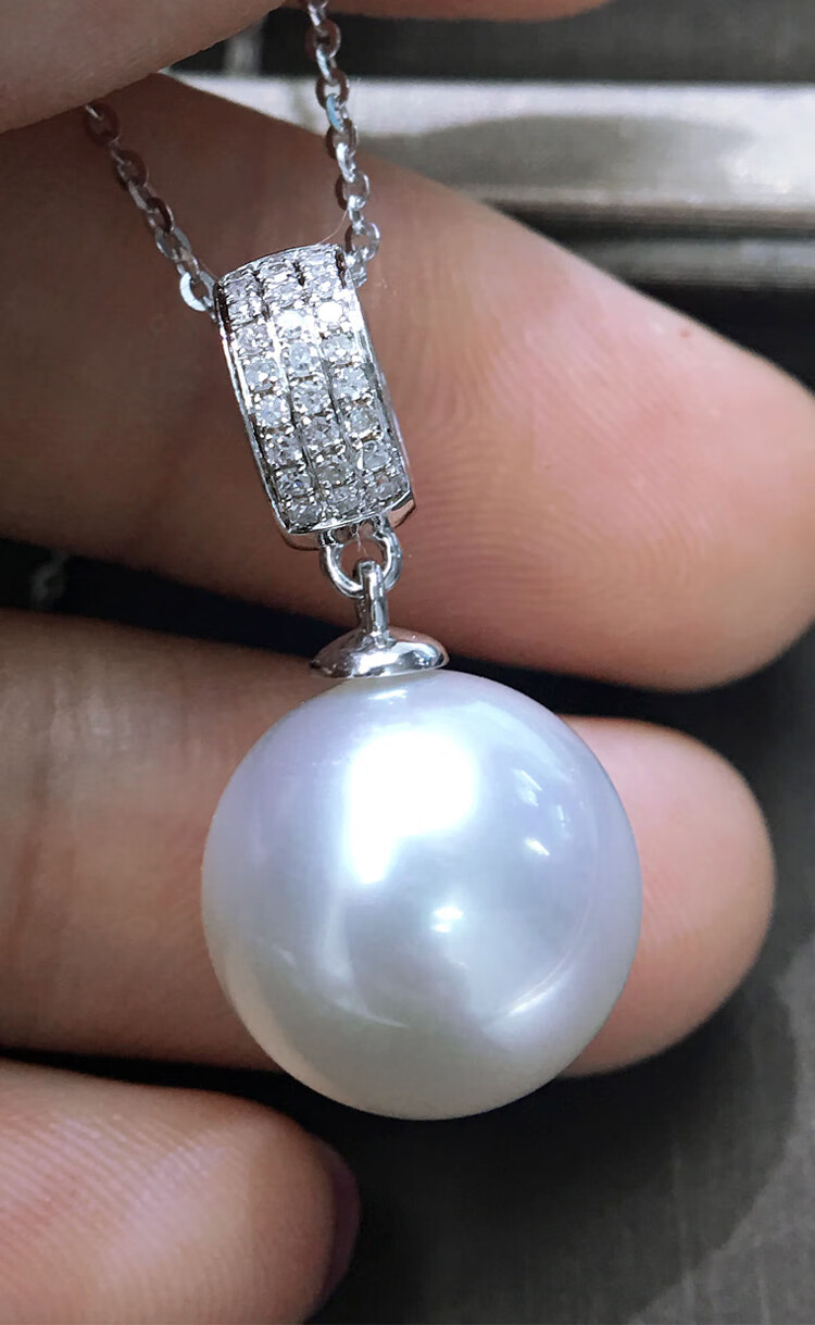 莫氏澳洲南洋白珠吊坠简约项链正圆无瑕18k金钻石海水珍珠15mm1415mm