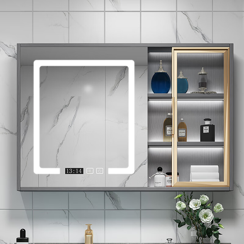 单独轻奢挂墙式卫生间感镜子收纳镜箱防雾led化妆镜定制普通镜柜70cm