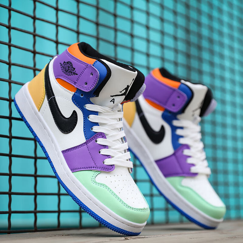 低帮帅气防滑aj男女高帮板鞋运动鞋子男女学生百搭篮球鞋乔1 高帮彩虹