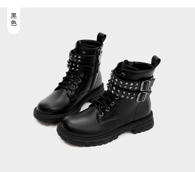 泰兰尼斯meta女童鞋儿童马丁靴秋季新款黑色皮靴短靴单靴中大童靴