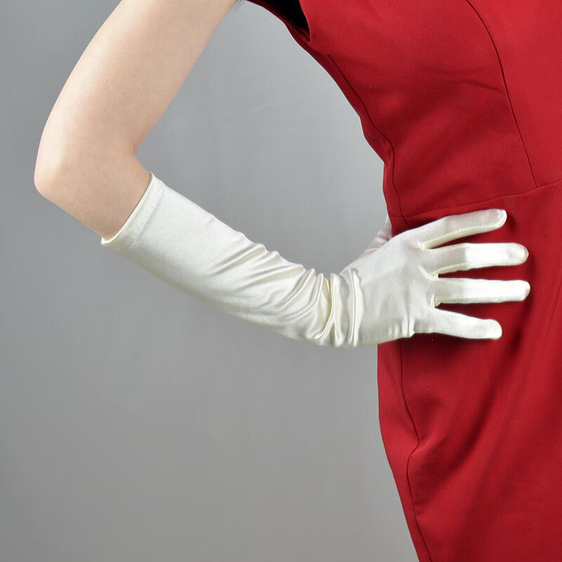 手套丝绸缎面长防晒拍照弹力礼仪首饰黑色礼服督导购 白色38cm【图片