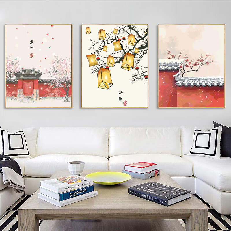 数字油画手工 diy新中式客厅中国风手绘油彩三联装饰画田园复古风彩色