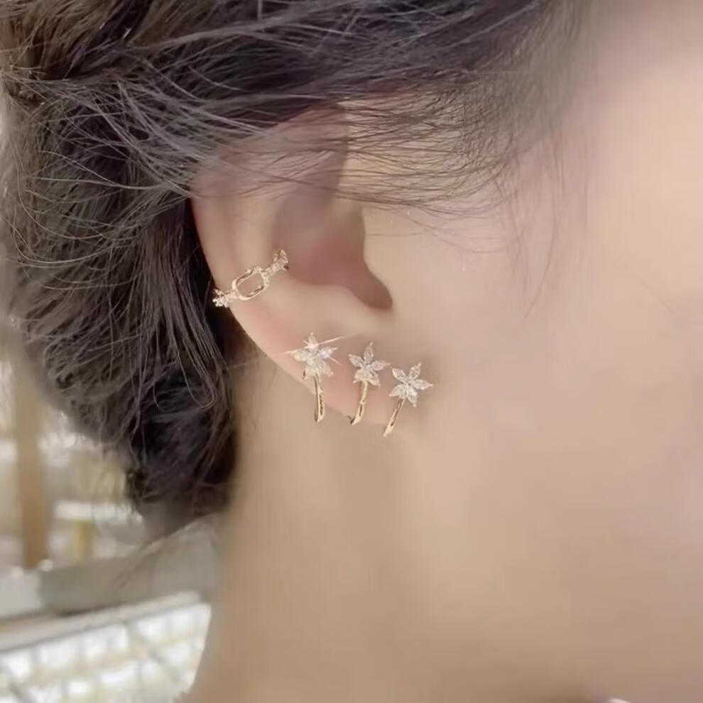 有依有靠抖音三朵花耳钉一个耳洞戴出三个耳环的效果新款潮高颜值耳饰