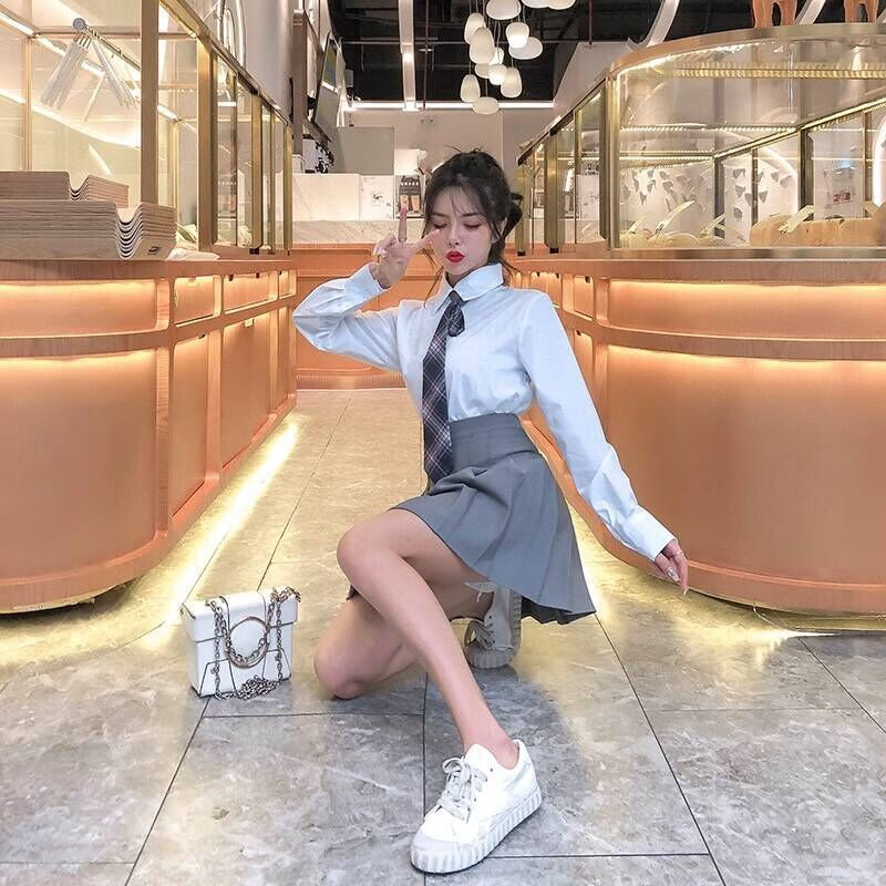 套装超火学院风系领带衬衫女套装百褶裙女jk学生制服班服白色长袖衬衫