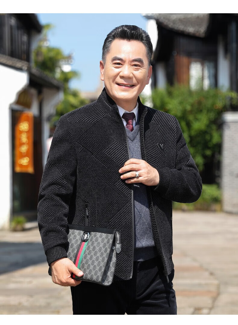 外套男加棉加厚款爸爸装冬装立领干部毛呢夹克休闲中老年男装冬季上衣