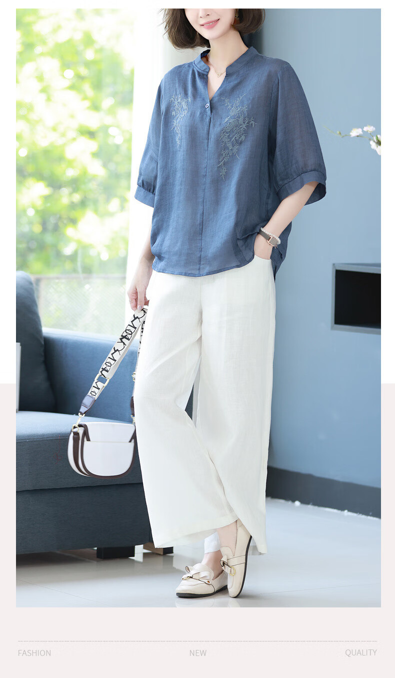 2022年夏季新款妈妈v领刺绣短袖衬衫休闲阔腿裤两件套2700t蓝色白色m