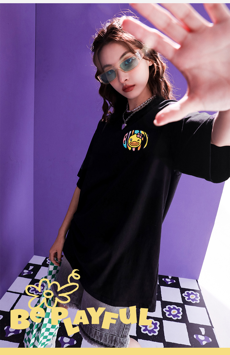 bduckbuffy短袖t恤女2022年夏季新款宽松休闲炫彩反光撞色潮酷t黑色xs