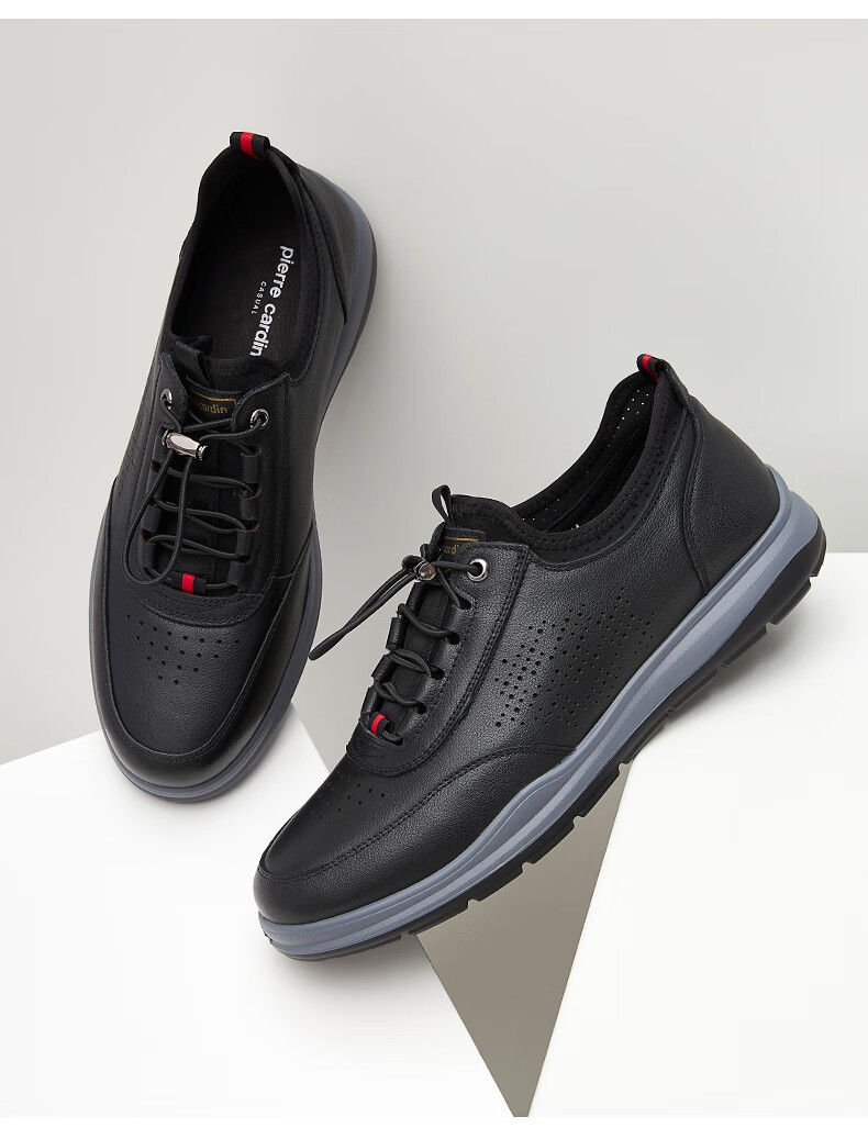 皮尔卡丹男鞋2022夏季新款时尚休闲鞋男士真皮镂空皮鞋男透气凉鞋黑色