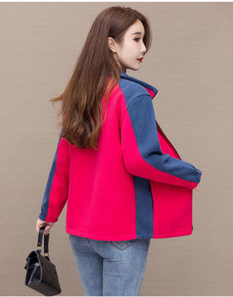 秋冬加厚摇粒绒开衫卫衣上衣外套休闲抓绒衣红色拼色5xl150165斤