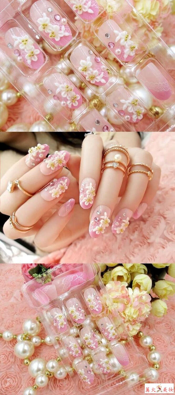 粉色雕花穿戴美甲片指甲贴可重复使用假指甲贴片新娘婚纱拍照 写真
