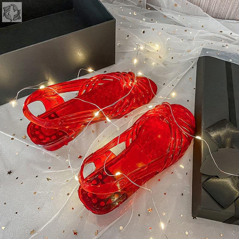 凉鞋女小时候的80年代90年代老式怀旧果冻水晶凉鞋女夏复古外穿 红色