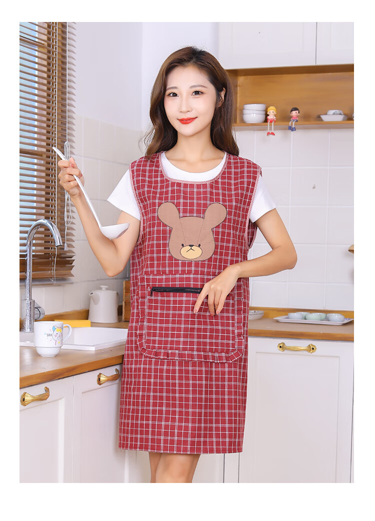厨房棉围裙韩版时尚无袖围裙防污防油罩衣工作服女坎肩嘟嘟熊围裙红色