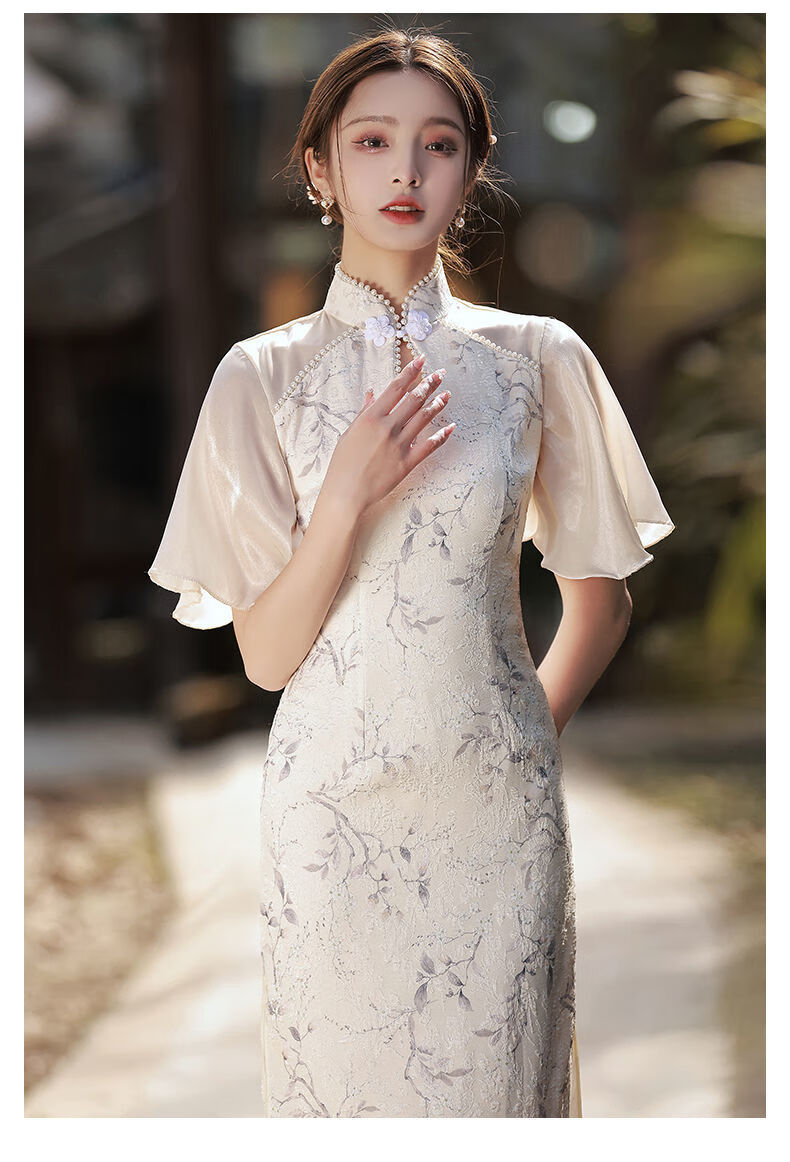 风提花拼接倒大袖年轻款旗袍改良简约仙女裙装香槟色有里布s95斤以下