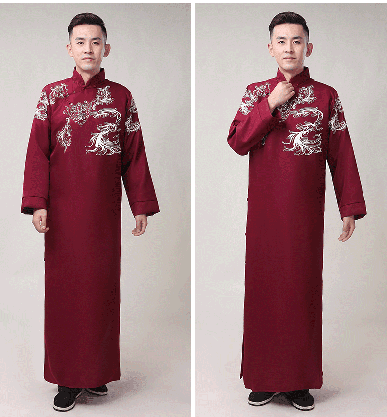 主持服装民国风长袍马褂男士长衫伴郎团装评书快板相声大褂 酒红色