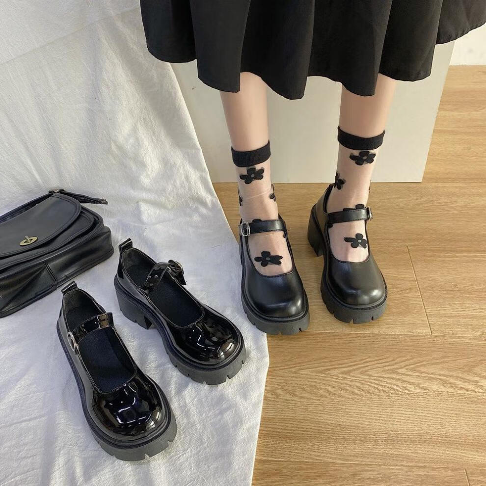 日系玛丽珍鞋小皮鞋女厚底松糕鞋时尚百搭一字扣带可爱jk女鞋高跟黑色
