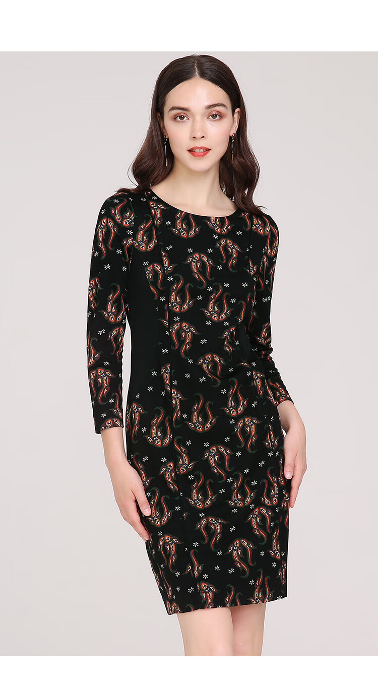 妙采旗舰店春秋装妈妈装长袖连衣裙修身洋气中老年女装裙子黑色花m