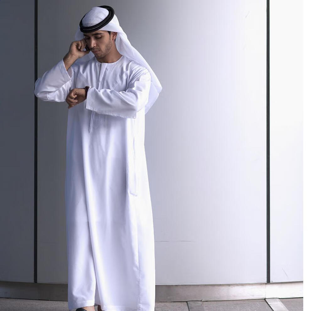 阿拉伯长袍男迪拜服装涤棉夏季薄款沙特中东头巾头箍男士套装定制款