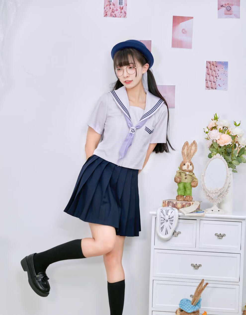 御茶家日系紫色短款水手服短袖中间服原创jk校供感早春学院风绀色下裙