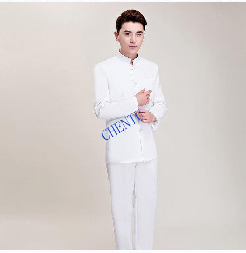 西服中国风唐装中式结婚礼服演出服白色中山装两件套上衣裤子男款170