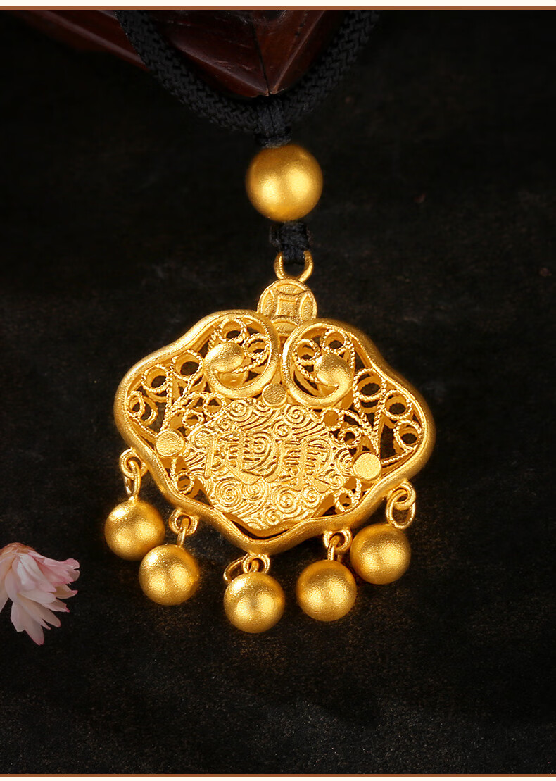 老凤凰黄金金锁吊坠足金999宝宝黄金长命锁古法健康快乐锁包婴儿百岁