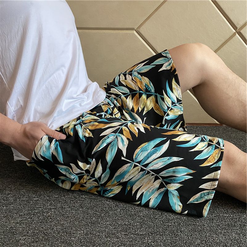 睡裤男短男士居家服夏季薄款男士绵绸大裤衩沙滩裤家居裤人造棉大码